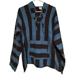 Mexican Baja Poncho Hoodie Pullover Y2K Confecciones Elvis -Black & Blue Size XL